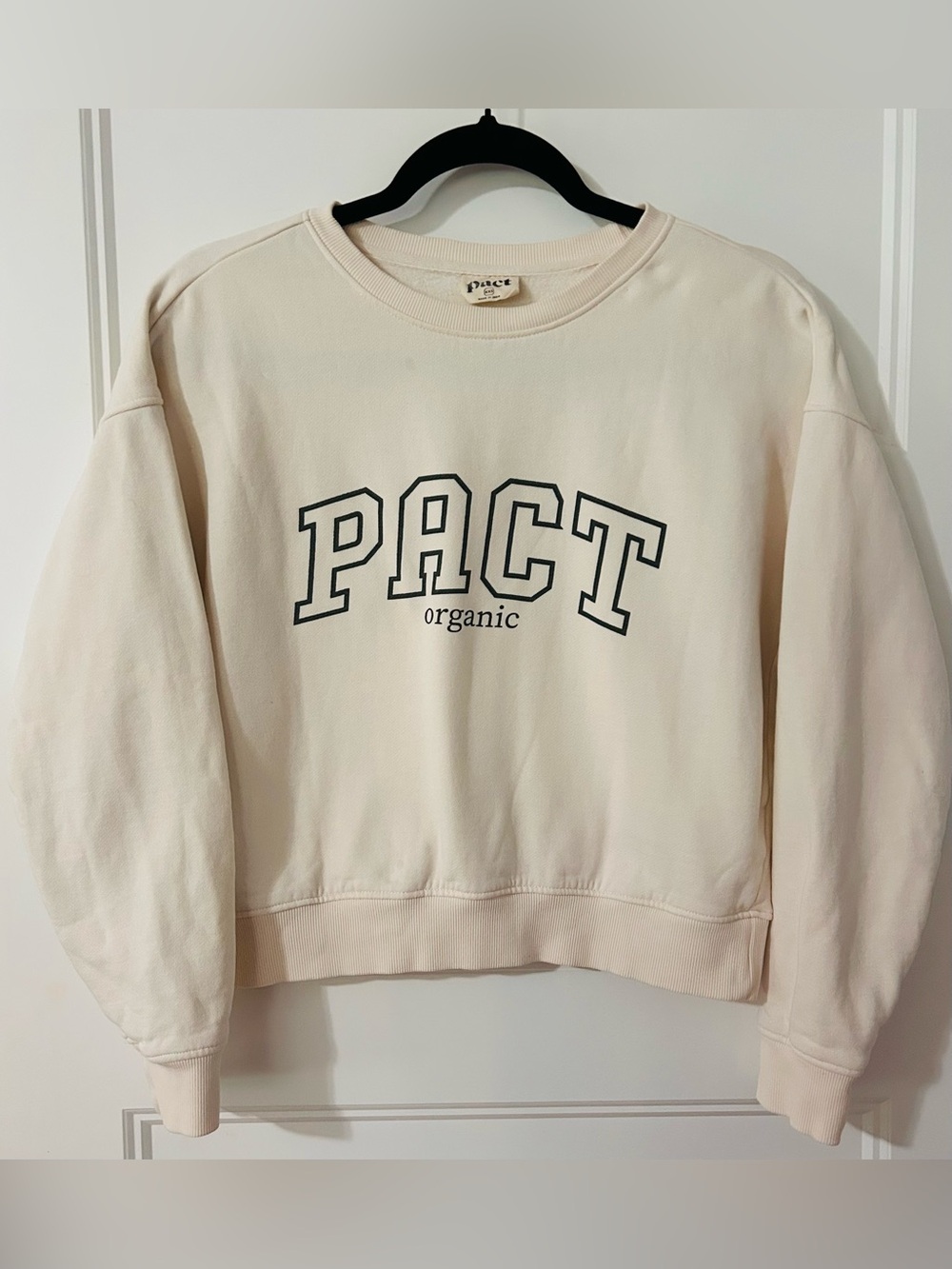 PACT Organic Cotton Cream Collegiate Graphic Crewneck Sweatshirt Women XXS Cozy